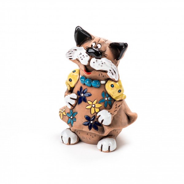 Gartenstecker Katze im Blumenkleid mit Halskette VI