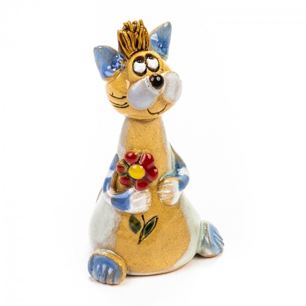 Keramik Minifigur - sitzende Katze mit Blume - gemischte Farben