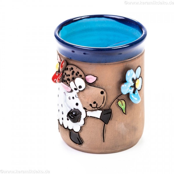 Keramiktasse Blau mit Schaf und Blumen (3)