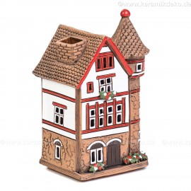 Teelichthaus Nr. 4 - Weißes Haus mit rotem Fachwerk. Teelichthalter, Duftstövchen und Räucherhaus