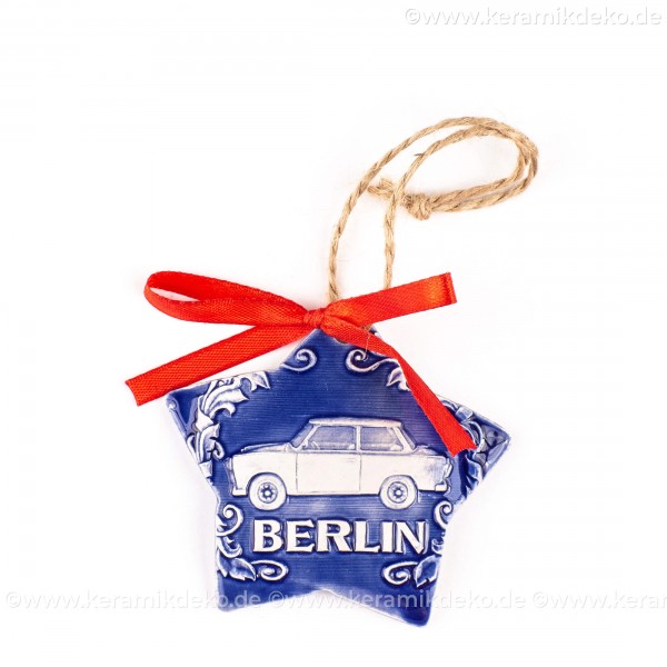 Berlin - Trabant - Sternform, blau, handgefertigte Keramik, Christbaumschmuck