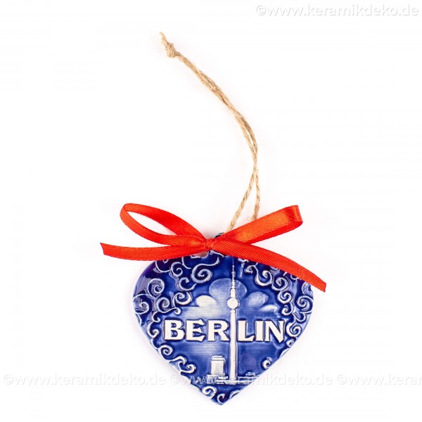 Berlin - Fernsehturm - Herzform, blau, handgefertigte Keramik, Weihnachtsbaum-Hänger