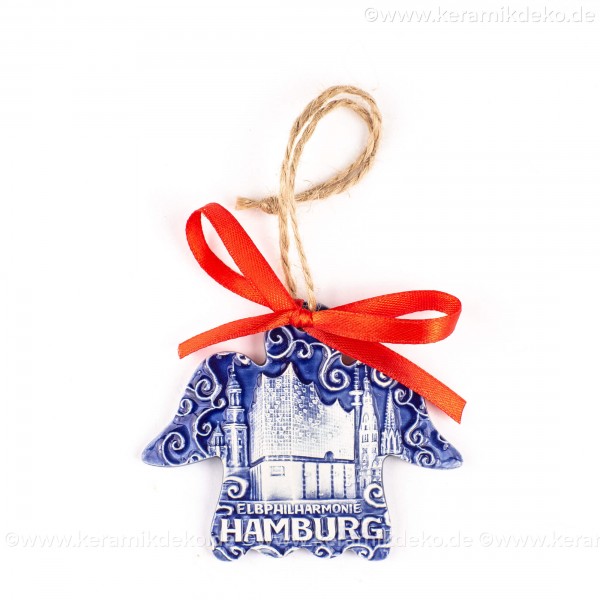 Hamburg - Panorama mit Elbphilharmonie - Engelform, blau, handgefertigte Keramik, Weihnachtsbaum-Hänger
