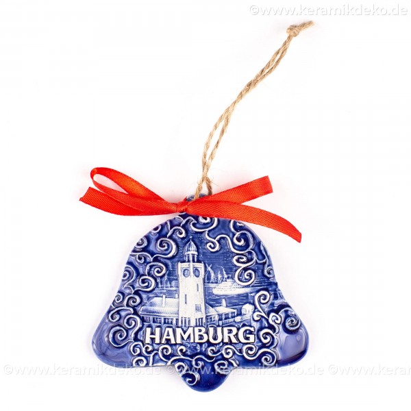 Hamburger Hafen - Glockenform, blau, handgefertigte Keramik, Baumschmuck zu Weihnachten