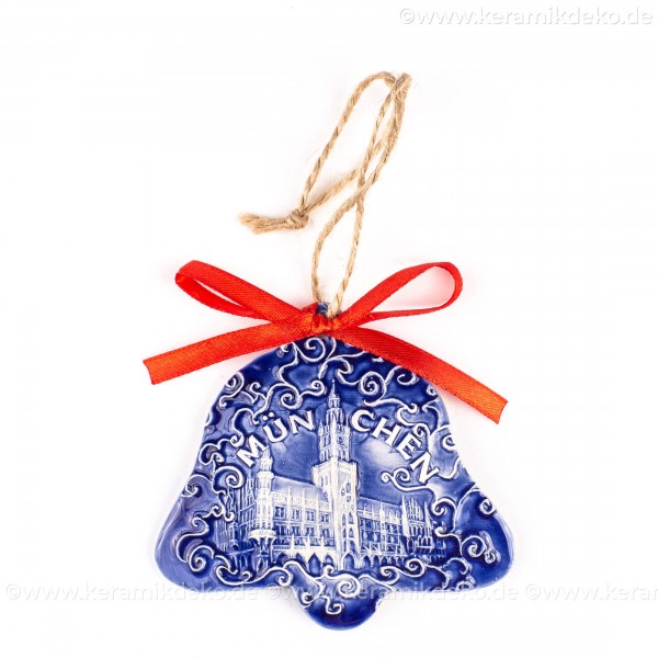 München - Neues Rathaus - Glockenform, blau, handgefertigte Keramik, Baumschmuck zu Weihnachten