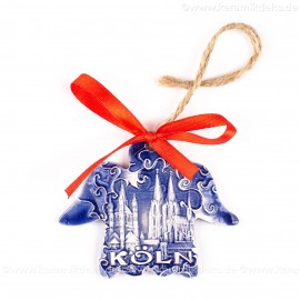 Kölner Dom - Engelform, blau, handgefertigte Keramik, Weihnachtsbaum-Hänger