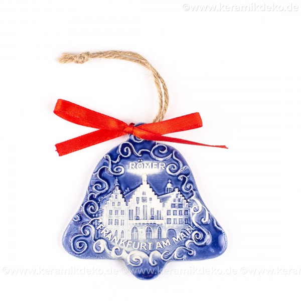 Frankfurter Römer - Altstadt - Glockenform, blau, handgefertigte Keramik, Baumschmuck zu Weihnachten
