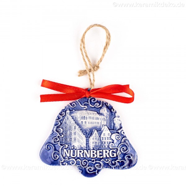 Kaiserburg Nürnberg - Glockenform, blau, handgefertigte Keramik, Baumschmuck zu Weihnachten