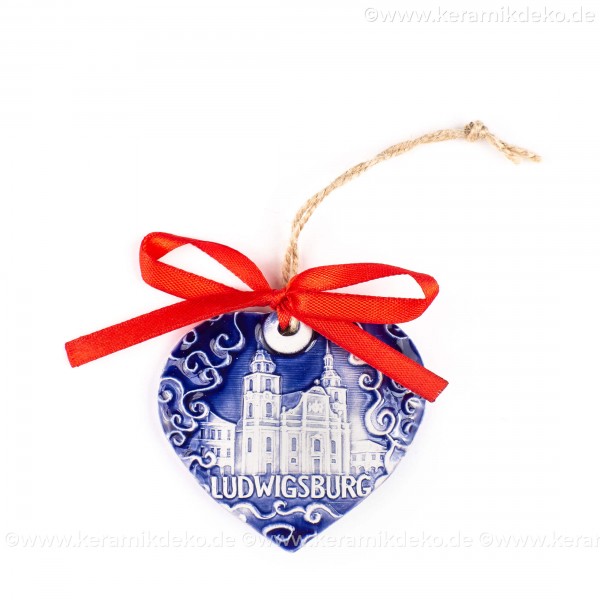 Ludwigsburg - Herzform, blau, handgefertigte Keramik, Weihnachtsbaum-Hänger