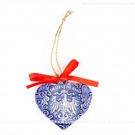 Bundesadler - Wappen - Herzform, blau, handgefertigte Keramik, Weihnachtsbaum-Hänger