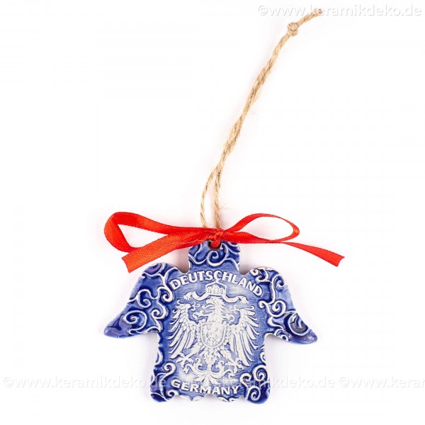 Bundesadler - Wappen - Engelform, blau, handgefertigte Keramik, Weihnachtsbaum-Hänger