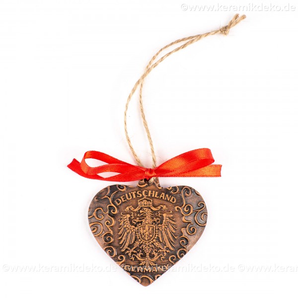 Bundesadler - Wappen - Herzform, braun, handgefertigte Keramik, Weihnachtsbaum-Hänger