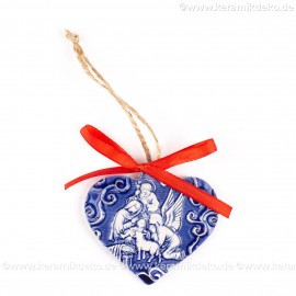 Heilige Familie - Herzform, blau, handgefertigte Keramik, Weihnachtsbaum-Hänger