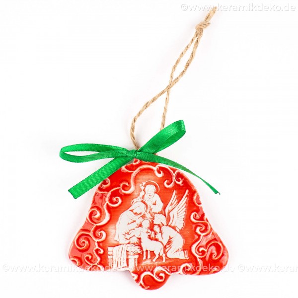 Heilige Familie - Glockenform, rot, handgefertigte Keramik, Baumschmuck zu Weihnachten