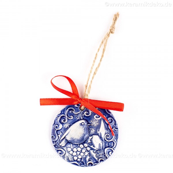 Weihnachtsvogel - runde form, blau, handgefertigte Keramik, Weihnachtsbaumschmuck