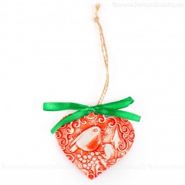Weihnachtsvogel - Herzform, rot, handgefertigte Keramik, Weihnachtsbaum-Hänger