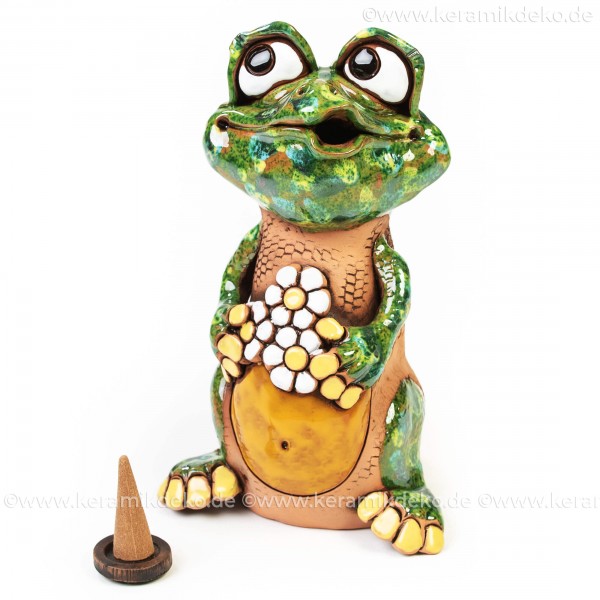 Keramik Räuchermännchen - Frosch mit Blume - Räucherfigur und Dekofigur