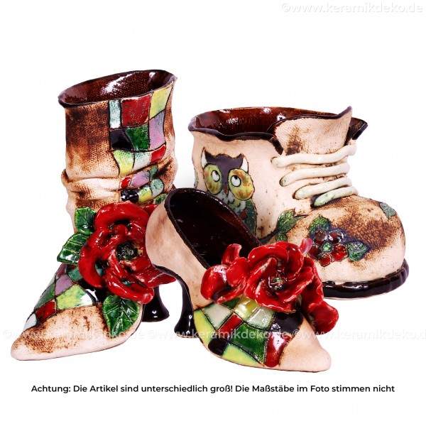 3tlg. Set handgefertigte Blumentöpfe - Übertopf Schuh und Stiefel aus Keramik