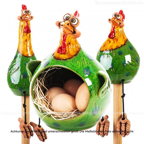 3er Set Hennen gelb-grün - Kantenhocker und Eierkorb