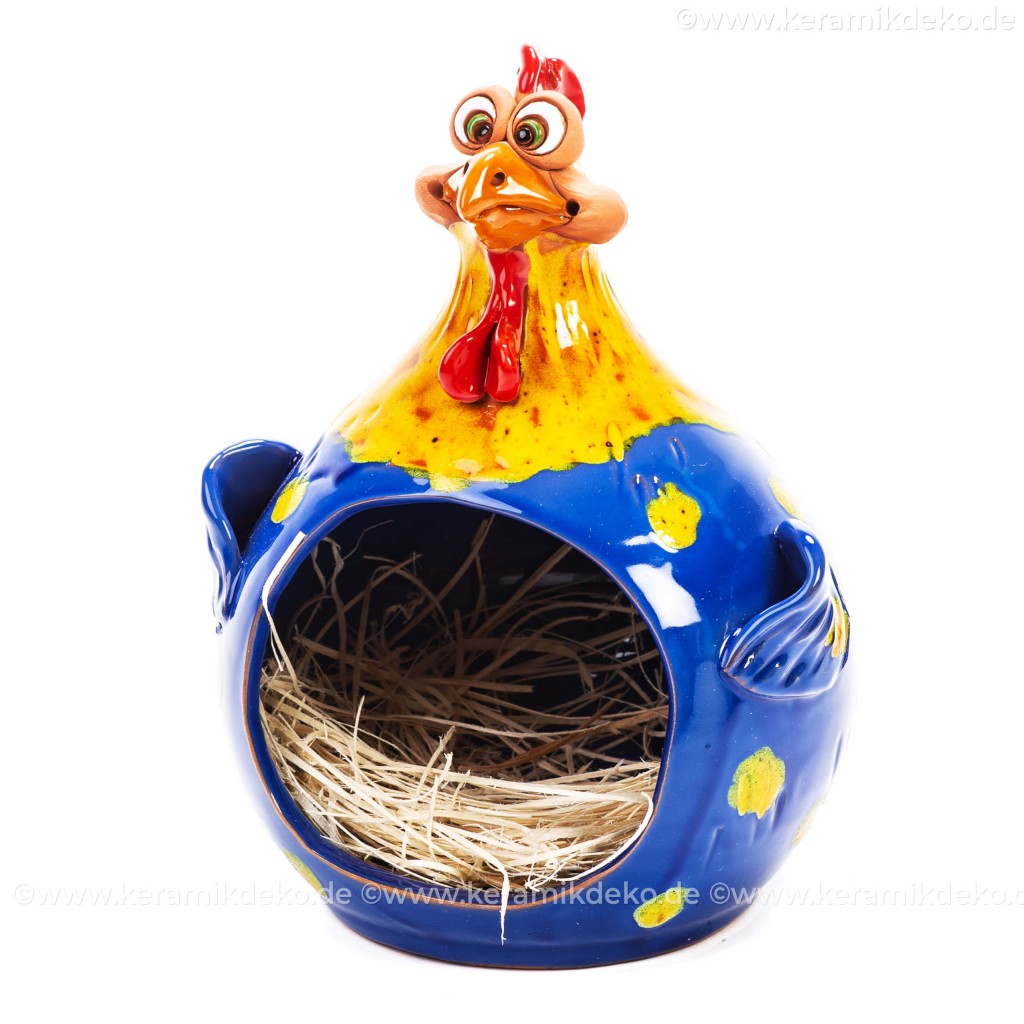 Keramik Huhn Gartenstecker Henne Hahn Deko-Figur Hühner Vogel m.Punkten Eierkorb 