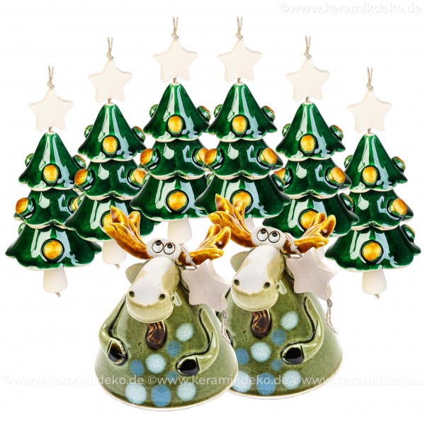 Set mit 6 Weihnachtsbaum- und 2 Elch-Glöckchen